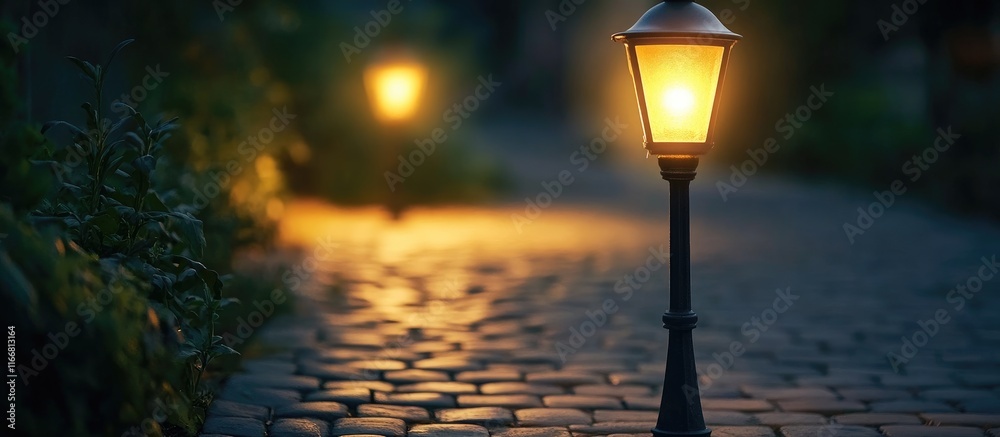 Poster warmly lit street lamp illuminating a serene cobblestone path during nighttime creating a cozy atmos