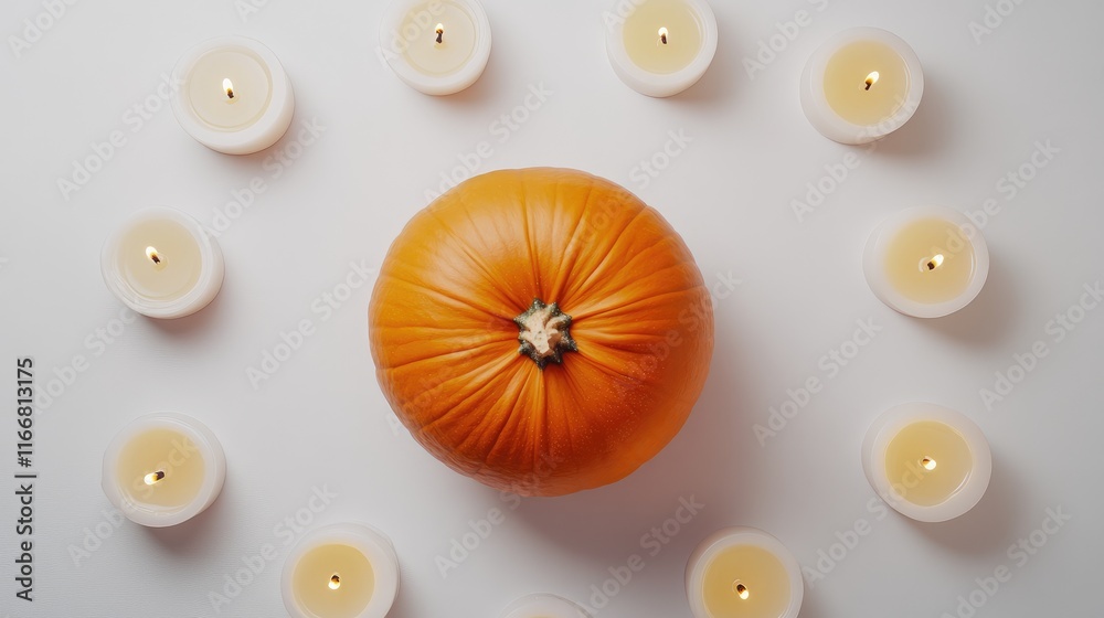 Poster halloween pumpkin illuminated by candles creating a warm festive atmosphere on a minimalist white ba