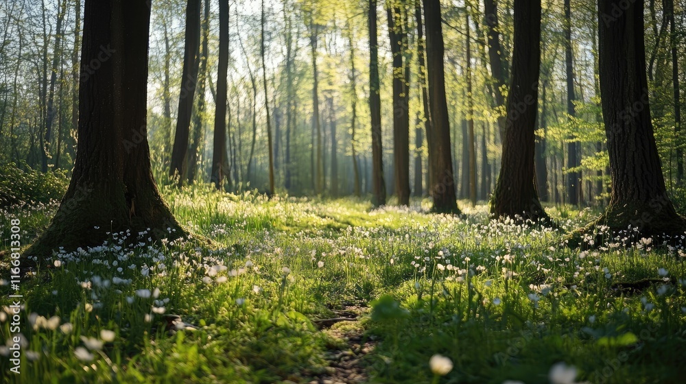 Poster sunlit forest path in spring showcasing vibrant greenery and blooming flowers under a serene sky