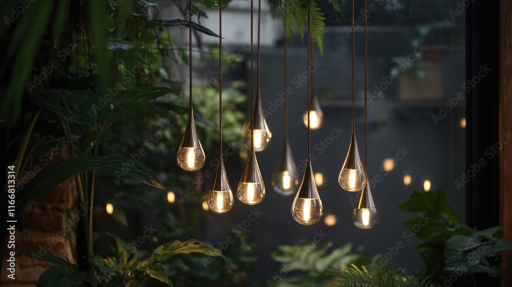 Aufkleber Modern pendant lights in a lush indoor setting creating a warm and inviting ambiance with greenery and soft illumination.