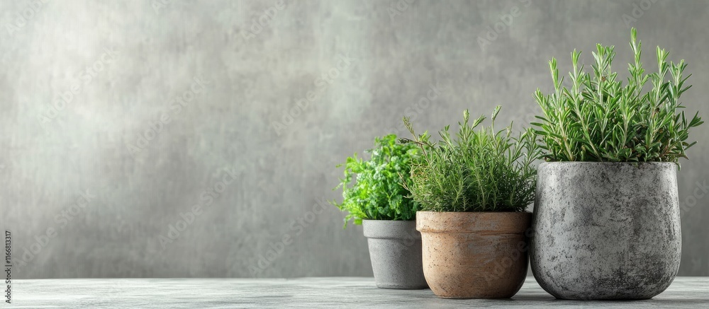 Poster rustic plant pots with greenery set against a light grey grunge background enhancing a serene and in