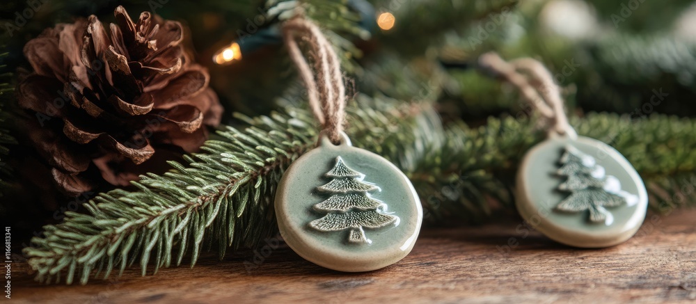 Poster handmade christmas ornaments hanging on spruce branches creating a warm festive atmosphere and captu