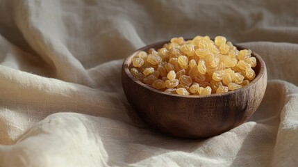 Golden raisins in rustic wooden bowl atop textured linen cloth for natural food and organic...