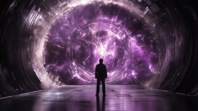 Silueta de hombre frente a portal futurista con luz p&uacute;rpura