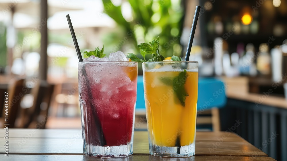 Poster Summer cocktails with ice served in a vibrant cafe setting creating a refreshing and inviting atmosphere for relaxation and enjoyment