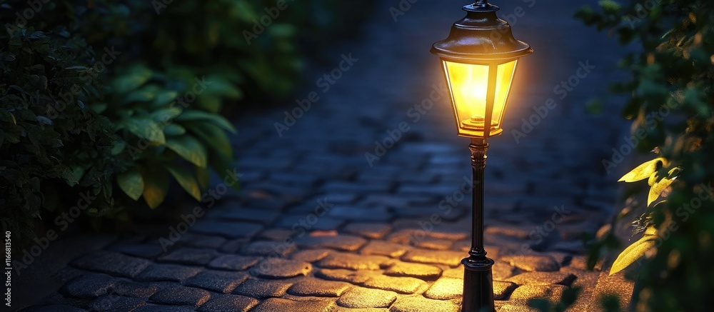 Poster warmly lit street lamp illuminating a serene cobblestone pathway creating a peaceful nighttime atmos