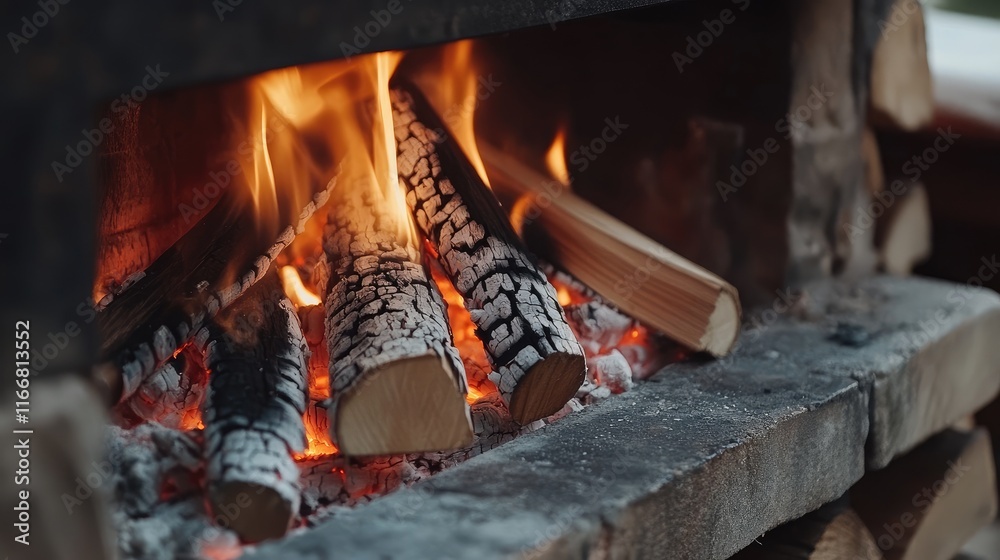 Aufkleber cozy rustic fireplace with burning logs and vibrant orange embers creating warmth in a winter settin