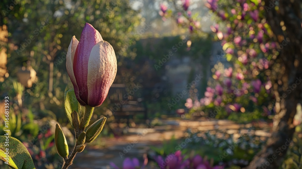 Poster Magnolia bud in the foreground with a vibrant garden backdrop showcasing blooming flowers and lush greenery in a tranquil setting.