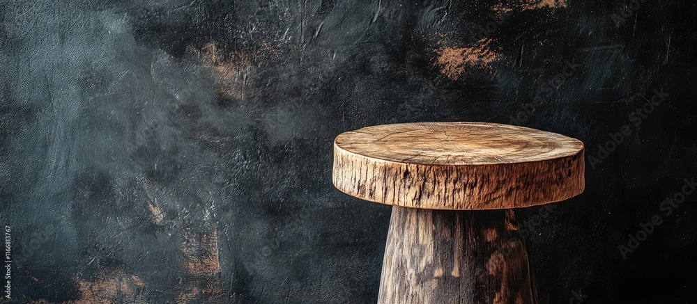 Poster handcrafted wooden stool highlighting natural texture against a rustic table background for stylish 