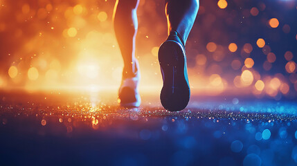 Runner feet on wet road illuminated by vibrant lights, evoking energy and determination