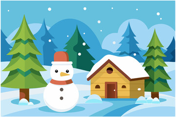 Snowman with a winter hut  in the winter landscape with trees in the background