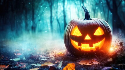 Naklejka premium Glowing jack o lantern pumpkin at night in a foggy garden creating a spooky Halloween ambiance with autumn leaves scattered around.
