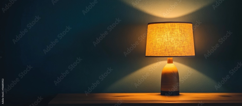 Poster Warmly lit lamp creating a cozy ambiance in a dark room with soft shadows enhancing the inviting atmosphere of home decor.