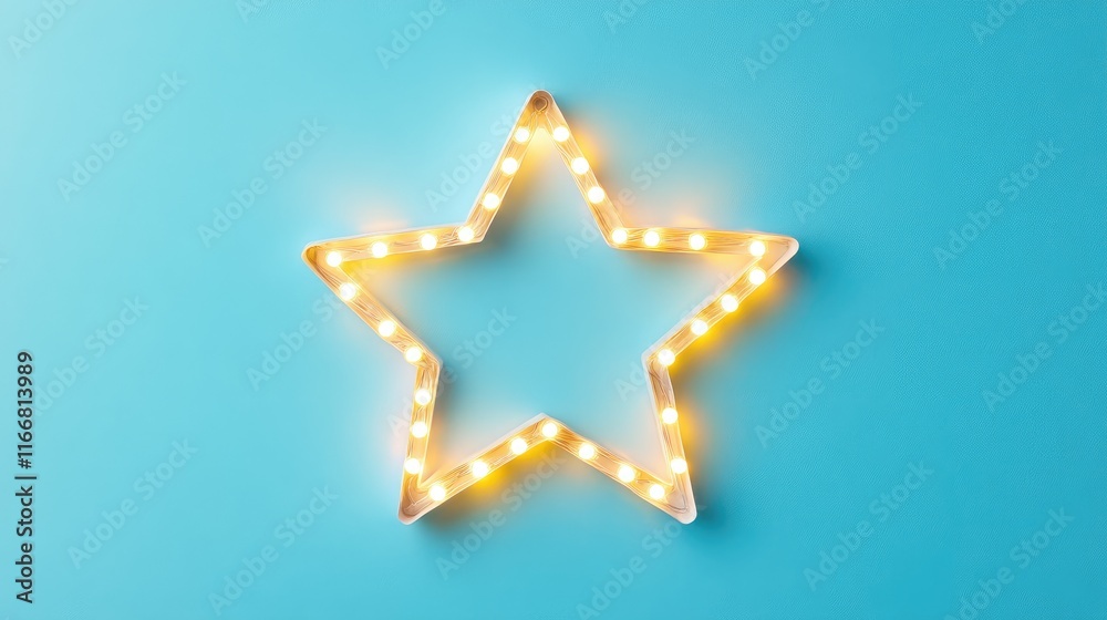 Poster Star shaped LED light lamp on blue background minimalistic top view flat lay design with copy space for creative concepts and advertisements