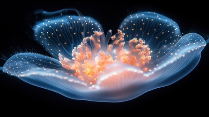 Close-up of a bioluminescent jellyfish with orange and white tentacles against a black background.