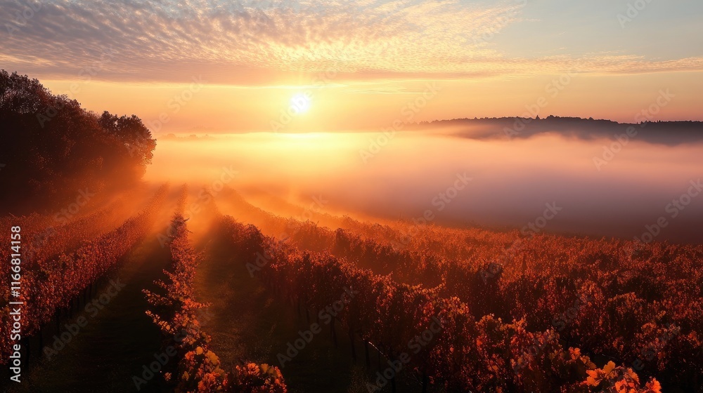 Poster sunrise over a foggy vineyard landscape with lush grapevines and soft clouds in the sky