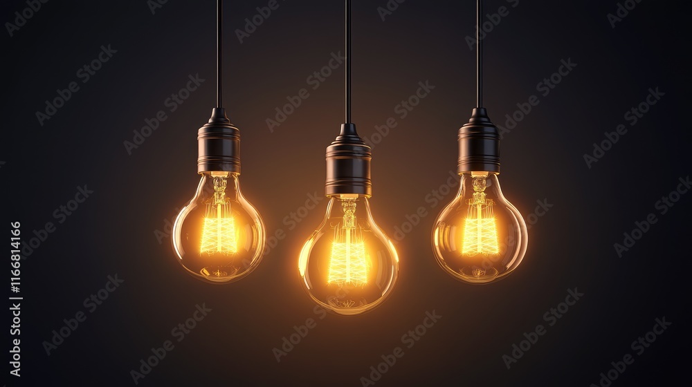 Poster Illuminated incandescent bulbs in a stylish cafe setting with a dark background creating a warm and inviting atmosphere