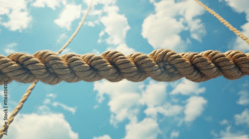 Aufkleber Abstract view of old rope against a blue sky with clouds showcasing texture and depth in a marine setting.