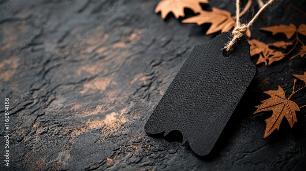 Poster halloween themed black tag with wooden decor and autumn leaves on textured background space for cust