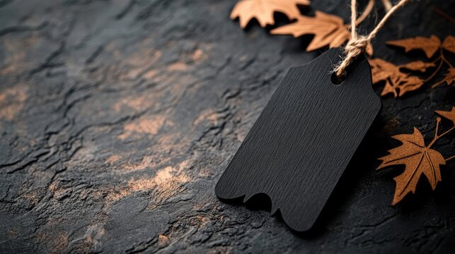 Halloween themed black tag with wooden decor and autumn leaves on textured background space for customization or message