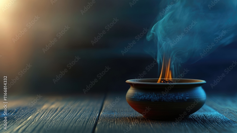 Poster incense pot releasing fragrant smoke with a serene ambiance and natural wooden background representi
