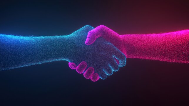 Dynamic handshake between futuristic hands virtual realm digital art abstract background close-up collaboration concept