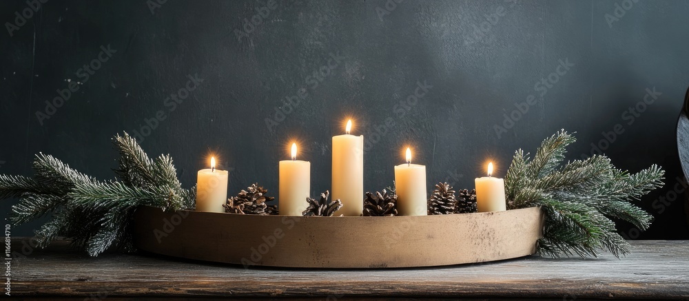 Poster handcrafted modern advent wreath with lit candles enhancing holiday spirit in a rustic setting perfe