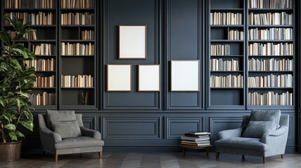 Elegant gray interior featuring framed art on wall, bookshelves filled with books, and cozy seating area with plants for a stylish ambiance.