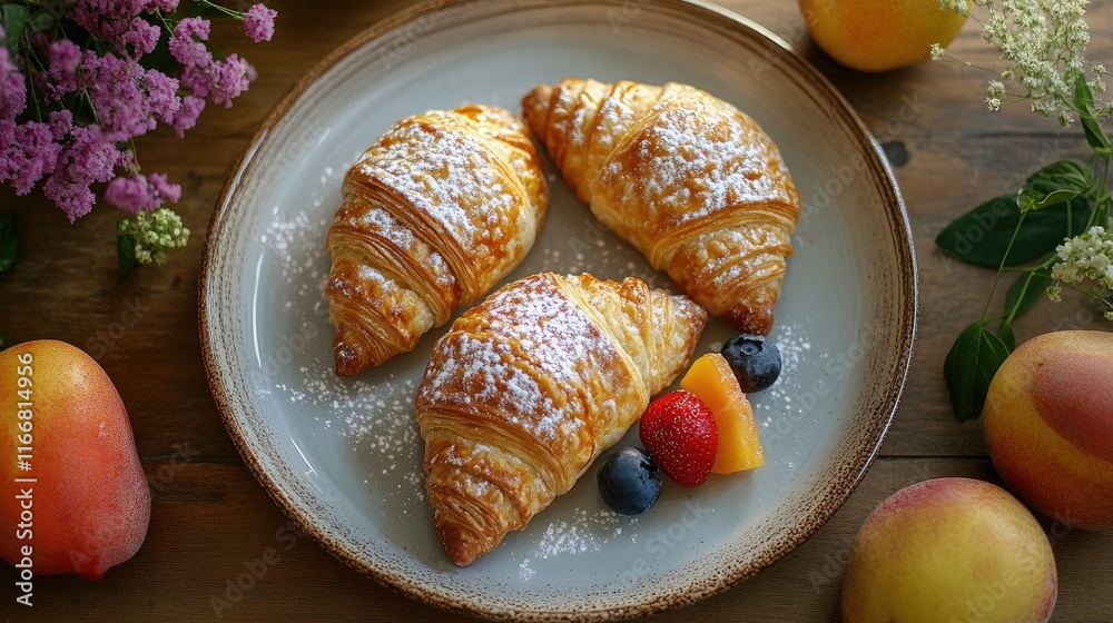 Poster elegant display of three flaky pastries on a plate with fresh fruits and blossoms for a delightful d