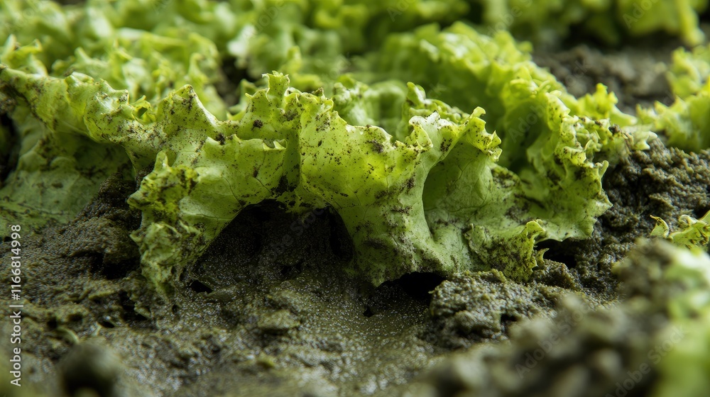 Poster close up of fresh curly lettuce leaves with soil highlighting natural texture and detail in a vibran