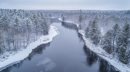 Obraz premium Moody Winter Landscape of snow falling on a river and surrounding forest near Kewaskum, Wisconsin.
