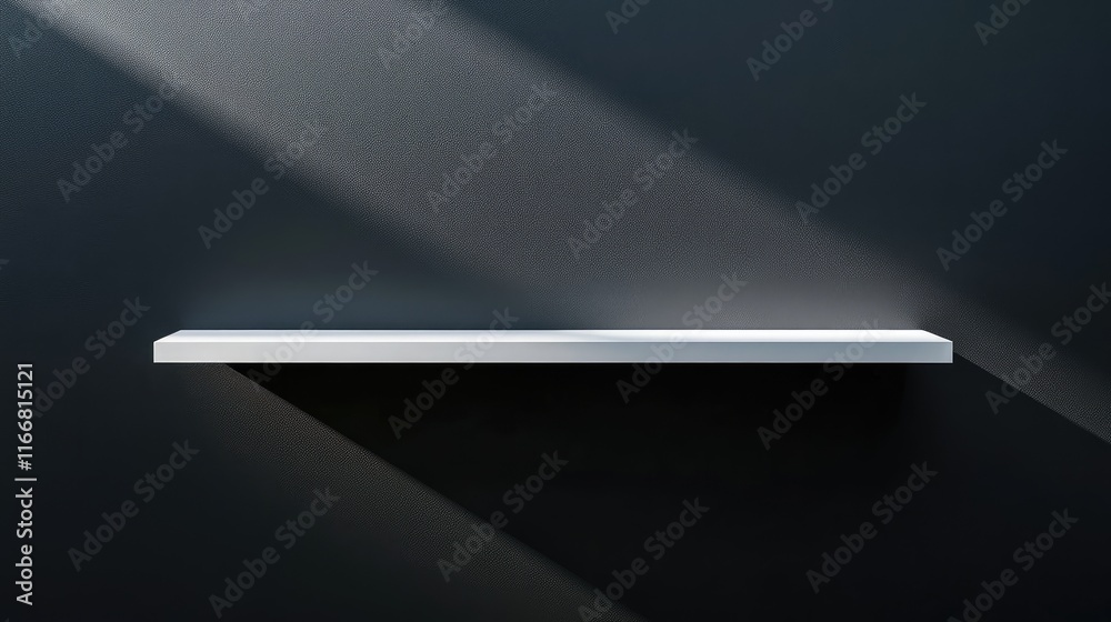 Aufkleber Minimalist white shelf on black wall casting soft shadows perfect for showcasing art or creating a gallery wall design in empty space