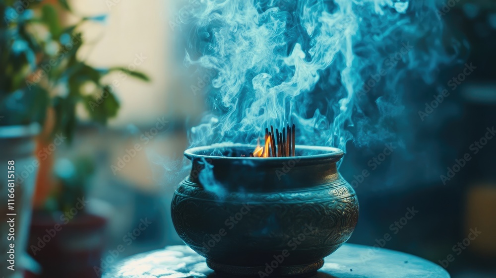 Aufkleber burning incense in ornate pot with swirling smoke creating a serene and calming atmosphere for relax