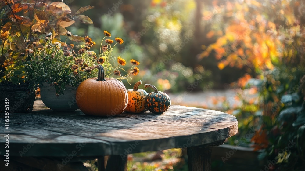 Aufkleber autumn garden scene with halloween pumpkin lanterns on rustic wooden table surrounded by colorful fa