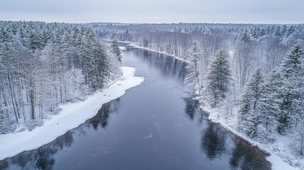Moody Winter Landscape of snow falling on a river and surrounding forest near Kewaskum, Wisconsin.