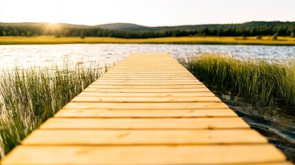 Fototapeta premium Serene Sunset Lake Walkway Wooden Dock Calm Water Nature Scenery