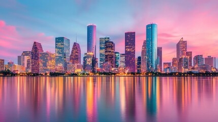 Fototapeta premium Vibrant sunset over houston skyline texas urban landscape photography cityscape reflective water colorful atmosphere