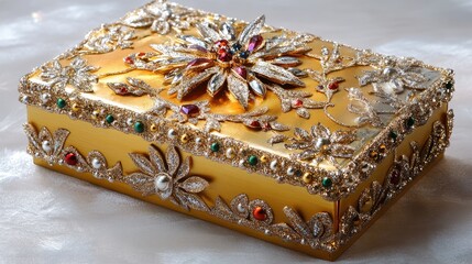 luxurious golden gift box adorned with intricate decorations and jewels on a reflective surface