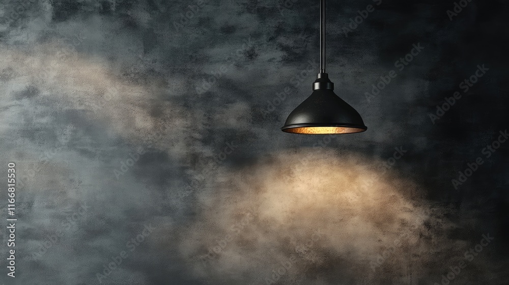 Poster elegant black hanging lamp against a textured gray wall creating a moody and sophisticated atmospher
