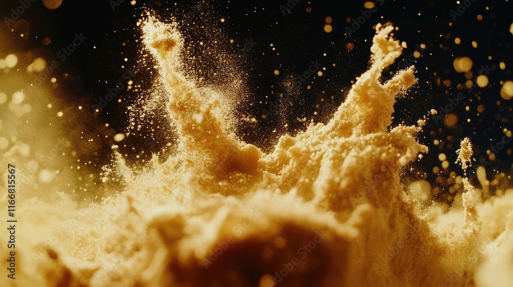 Poster Golden sand explosion creating an abstract cloud against a dark background showcasing dynamic movement and texture in fine particles.