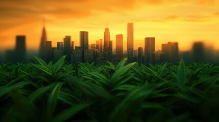 Fototapeta premium Urban sunset green fields in the city nature photography vibrant landscape aerial view environmental concept
