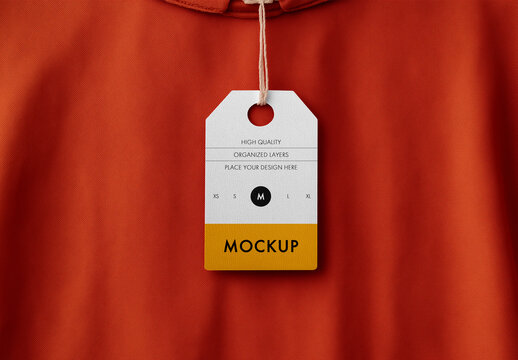 Garment Tag Mockup Hanging on Shirt &ndash; Realistic Label Design Presentation for Clothing Branding, Fashion Tags, and Apparel Packaging Identity Showcases