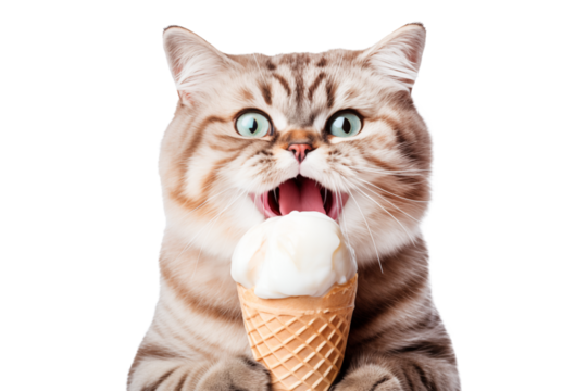 Portrait of a cat eating an ice cream cone isolated on a transparent background.
