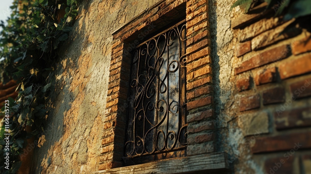 Poster window with iron grating set in a rustic brick wall surrounded by ivy reflecting vintage architectur