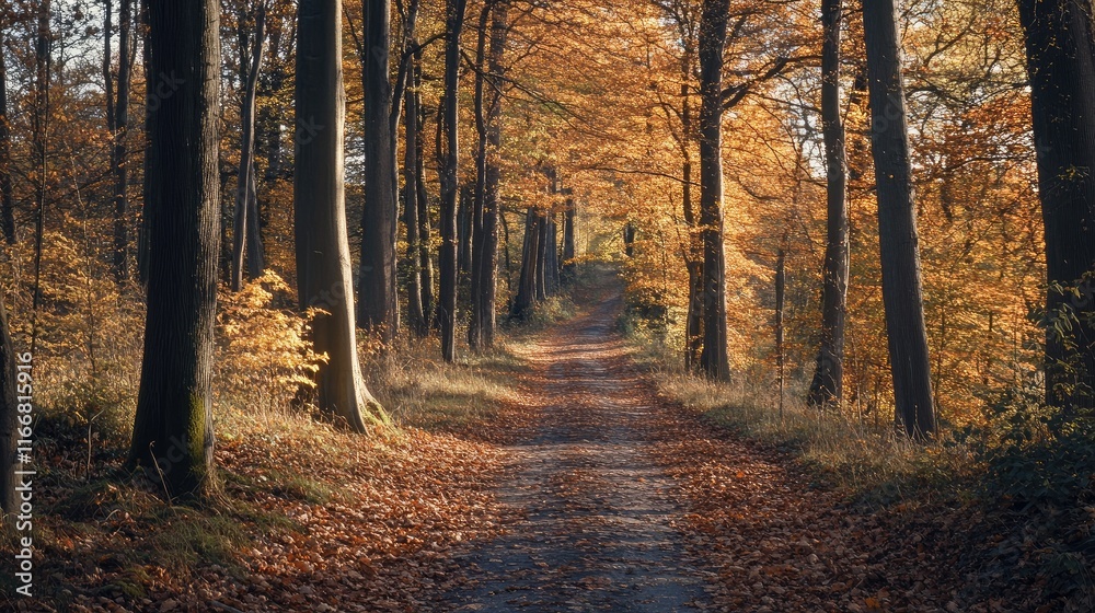 Aufkleber autumn pathway through a serene forest with vibrant foliage and dappled sunlight creating a tranquil
