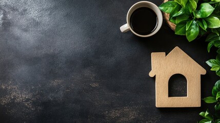 Home Insurance Tips with Coffee and Wooden House Outline on Dark Surface