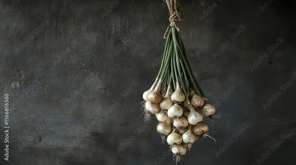 Poster hanging bundle of fresh onions tied with twine against a dark textured background showcasing organic