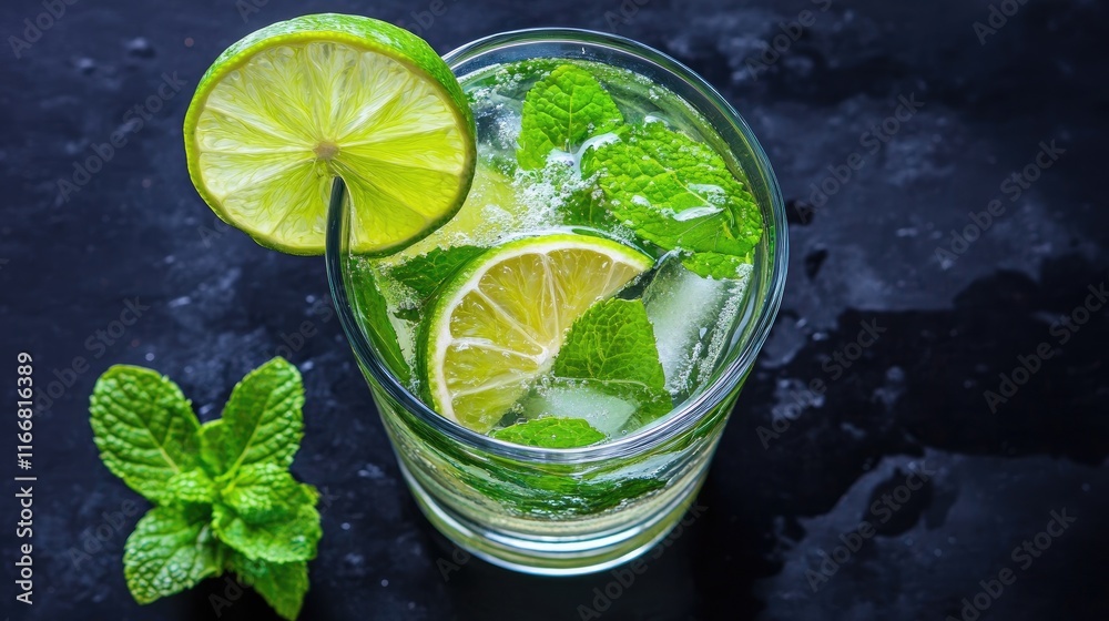 Poster mojito cocktail with lime and mint on a black background showcasing fresh ingredients and a refreshi