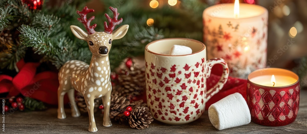 Poster charming holiday display with decorative ceramic deer mug and candles creating a cozy festive ambian