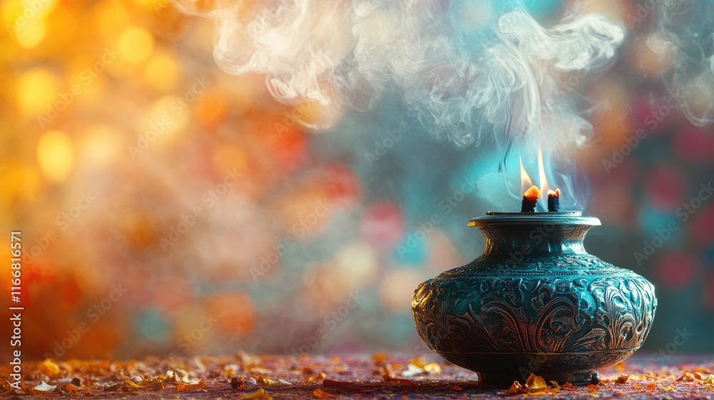 Poster elegant incense burner releasing fragrant smoke with a colorful blurred background highlighting a se